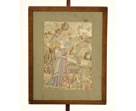 Late 19th century pole firescreen with Medieval style silk tapestry panel, 149 cm high