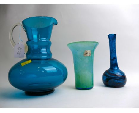 Three pieces of coloured Art Glass, one marked with sticker "Biot"