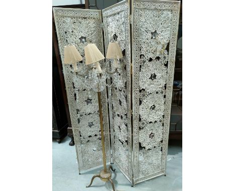 A cut glass/gilt metal chandelier standard lamp of 4 branches; a 3 fold metal screen in lace and jewelled effect 