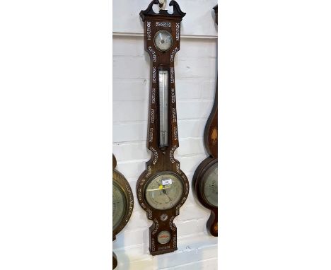 A 19th century mercury column barometer with thermometer in banjo shaped rosewood case with mother-of-pearl inlaid decoration