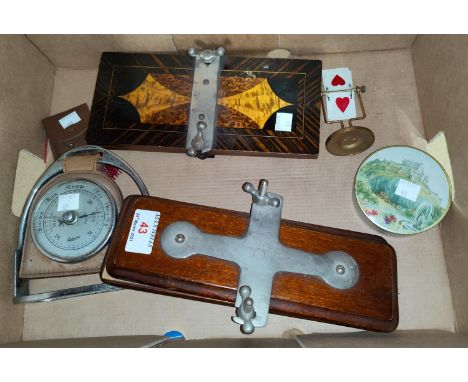 A selection of collectables:  2 tie presses; bridge marker and pencils; stirrup barometer; etc. 