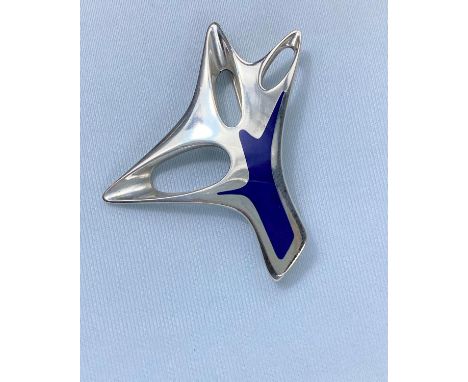 Georg Jensen modernist abstract  design  pierced brooch with inset blue enamel. Stamped: Georg Jensen sterling Denmark HK, No