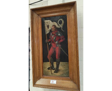 R Lomons:  Medieval knight with banner, oil on canvas, signed 