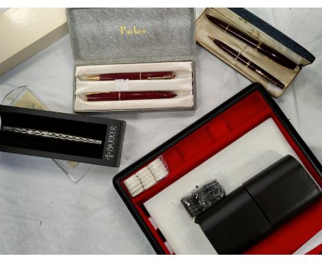 Two original boxed pen &amp; propelling pencil sets by Parker and Sheafer and an original boxed Parker fountain pen. Also a t