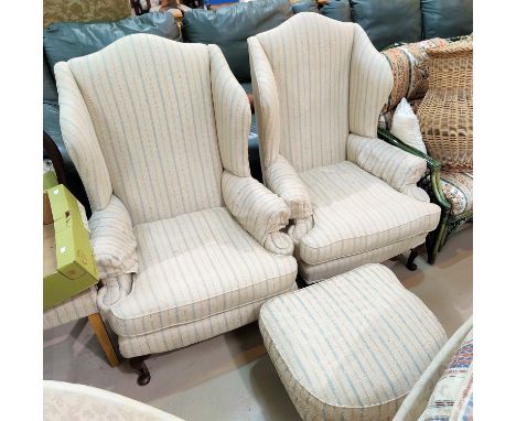 A pair of traditional wing back armchairs in blue/fawn stripe; 2 similar dining chairs; a pouffe.&nbsp;&nbsp;The armchairs ar
