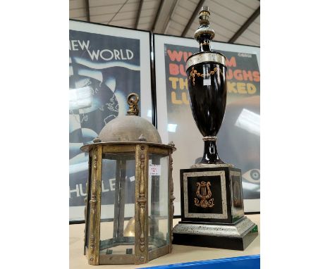 A brass hall hanging lantern and a painted wooden lamp base
