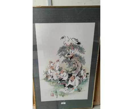 A watercolour depicting Chinese philosophers. Seal mark &amp; signature, 60 x 41cm. Framed. 