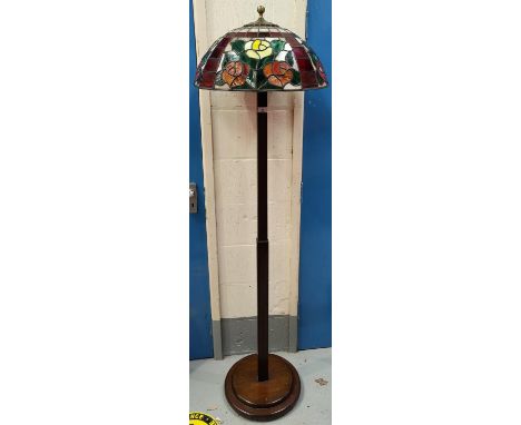 A 1930's oak standard lamp with Tiffany style shade, double fitting (needs re-wiring) 