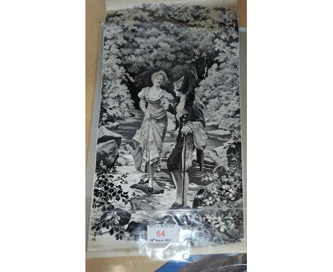 An Edwardian "Hamza" monochrome silk panel:  18th century courting couple crossing a river 