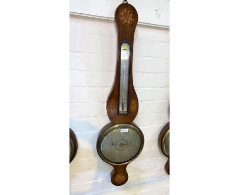 A 19th century mercury column barometer with thermometer in banjo shaped walnut case with Sheraton style decoration, by John 
