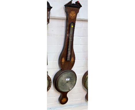 An Edwardian aneroid  barometer with thermometer in banjo shaped mahogany case with Sheraton style inlaid decoration, by Lloy