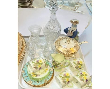 A Lladro figure:  girl with basket of flowers; 4 Art Deco coffee cups and saucers by Royal Doulton; china and glass 