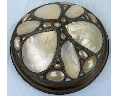 An Arts &amp; Crafts unusual light bowl formed from leaded mother-of-pearl shells with copper rim, diameter 41 cm 