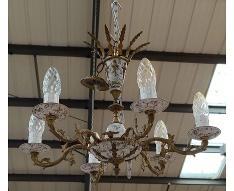 An Art Nouveau brass table lamp with floral shade; a 6 branch chandelier/centre light 