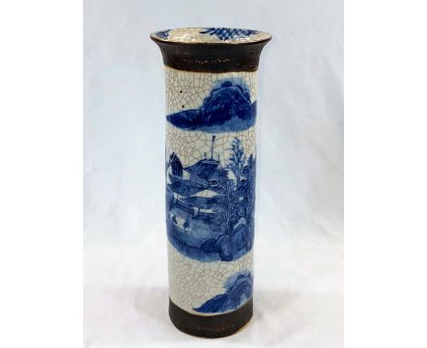 A Chinese blue and white crackle glaze sleeve vase with flared rim (chip and hairline to rim), seal m ark to base, height 29c