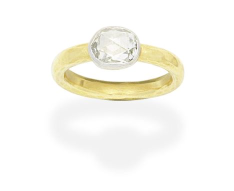 MALCOLM BETTS: DIAMOND SINGLE STONE RINGSet with a rose-cut diamond, the 22 carat hoop of hammered finish, makers mark, Londo