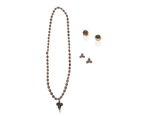 COLLECTION OF GARNET-SET JEWELLERY, 19TH - 20TH CENTURY1st: Two pins each set with three oval-shape garnets in closed back se