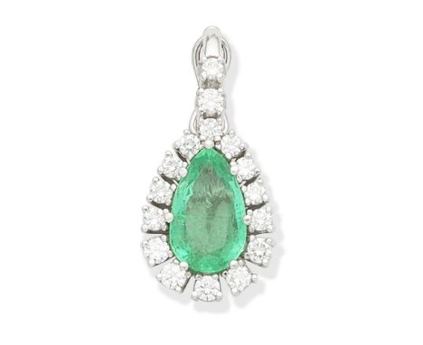 EMERALD AND DIAMOND PENDANTThe pear-shape emerald within a brilliant-cut diamond surround, suspended from a similarly-set sur