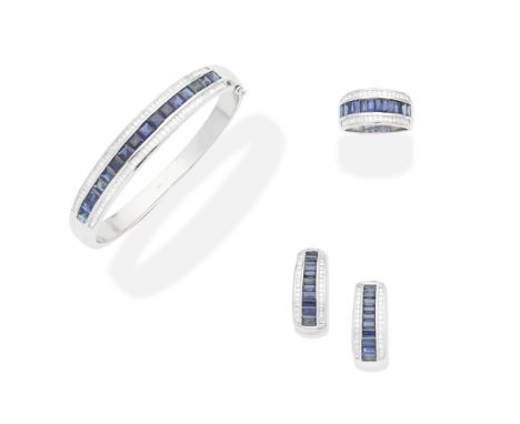 SAPPHIRE AND DIAMOND BANGLE, RING AND EARRING SUITEThe hinged bangle set with a row of step-cut sapphires between rows of bag