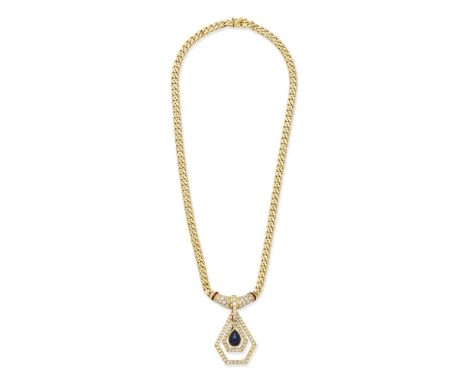 DIAMOND, SAPPHIRE AND RUBY-SET NECKLACEThe pendant set with a pear-shaped sapphire cabochon, brilliant and baguette-cut diamo