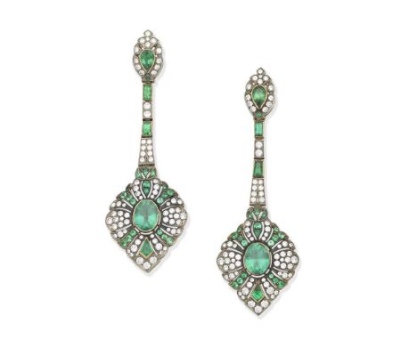 ANANOV: EMERALD AND DIAMOND PENDENT EARRINGSEach surmount set with a pear-shaped emerald within a brilliant-cut diamond surro