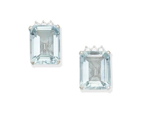 AQUAMARINE AND DIAMOND EARRINGSEach step-cut aquamarine set beneath three brilliant-cut diamonds, length 1.5cmFor further inf