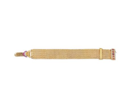RUBY AND DIAMOND-SET JARRETIЀRE BRACELET,  MID 20TH CENTURYThe woven strap with a brilliant and single-cut diamond and circul