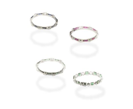 FOUR GEM-SET AND DIAMOND RINGSEach set with step-cut emeralds, rubies or sapphires between rose-cut diamonds, some gemstones 