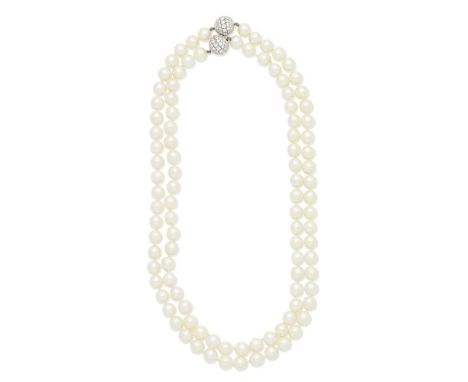 TWO CULTURED PEARL NECKLACES WITH DIAMOND-SET CLASPSEach strand of 8.5mm cultured pearls, with a spherical clasp set with bri