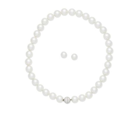 CULTURED PEARL NECKLACE WITH DIAMOND-SET CLASP AND EARRINGSThe 11.5-12.0mm cultured pearls on a pavé-set brilliant-cut diamon