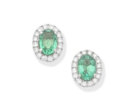 EMERALD AND DIAMOND CLUSTER EARRINGSEach oval-cut emerald within a brilliant-cut diamond surround,  length 0.8cmFor further i