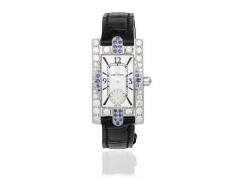 HARRY WINSTON: SAPPHIRE AND DIAMOND SET WATCHThe rectangular mother-of-pearl dial with baton and Arabic hourmarkers and a sec