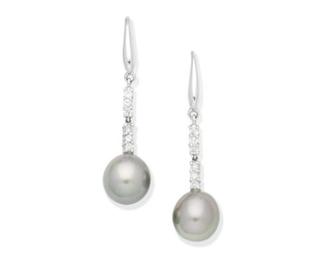 KOJIS: CULTURED PEARL AND DIAMOND EARRINGSEach 9.0mm cultured pearl of grey tint suspended from a row of brilliant-cut diamon