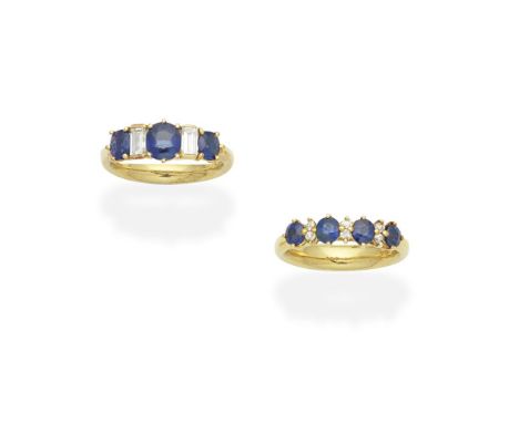 TWO SAPPHIRE AND DIAMOND RINGS1st: The cushion-shaped sapphires set between duos of cushion-shaped diamonds, 2nd: The cushion