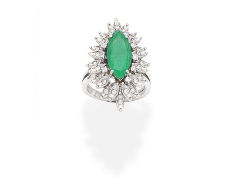 EMERALD AND DIAMOND DRESS RINGThe marquise-cut emerald within a tiered single-cut diamond surround,  ring size approx. O½Foot