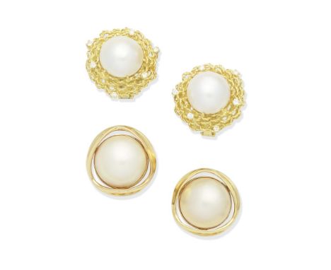 MABÉ CULTURED PEARL EARRINGS; BEN ROSENFELD: MABÉ CULTURED PEARL AND DIAMOND EARCLIPS, 19761st: Each earring set with a mabé 