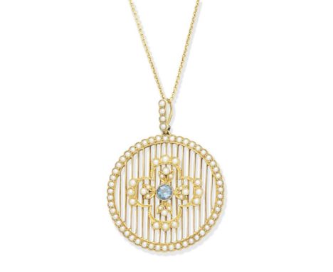 SEED PEARL AND SAPPHIRE PENDANT/NECKLACE, CIRCA 1900The openwork circular pendant set with a  circular-cut sapphire, with a f