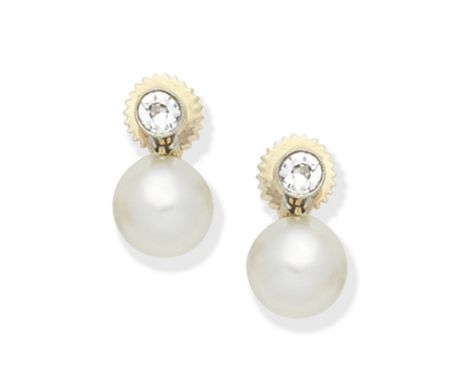 NATURAL PEARL AND DIAMOND EARRINGSEach old brilliant-cut diamond surmount, suspending a 6.5mm button natural pearl, length 1.