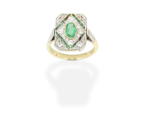 EMERALD AND DIAMOND PLAQUE RINGOf geometric design, the oval-cut emerald within a surround of old brilliant and single-cut di