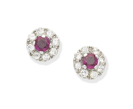 RUBY AND DIAMOND CLUSTER EARRINGSEach circular-cut ruby, within a brilliant-cut diamond surround,  length 0.9cmFor further in