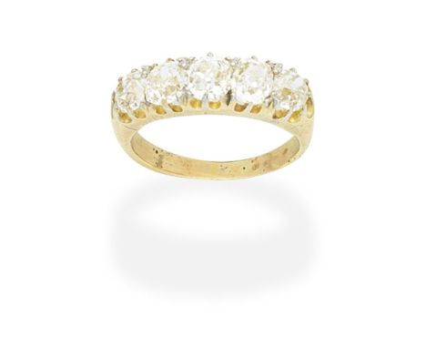 DIAMOND FIVE-STONE RINGSet with five cushion-shaped diamonds,  diamonds approx. 1.90cts total, ring size approx. LFor further