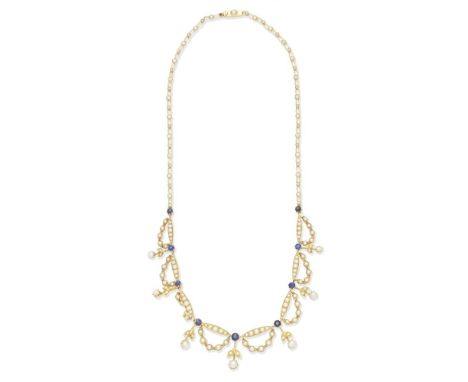 SAPPHIRE AND SEED PEARL NECKLACE, LATE 19TH CENTURYOf swag and foliate design, set with seed pearls and circular-cut sapphire