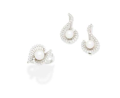 CULTURED PEARL AND DIAMOND RING AND EARCLIP SUITEThe 7.5mm cultured pearl within an undulating spray surround set with single