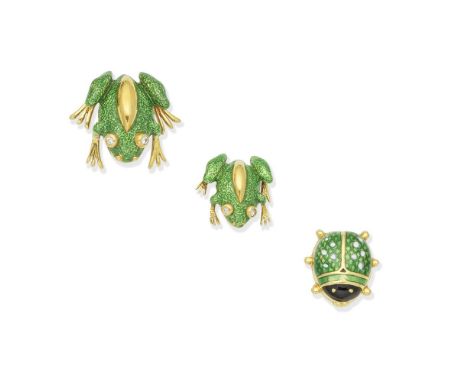 ENAMEL LADYBIRD BROOCH; TIFFANY: TWO ENAMEL AND DIAMOND-SET FROG BROOCHES1st: Design as a ladybird, decorated with green, bla