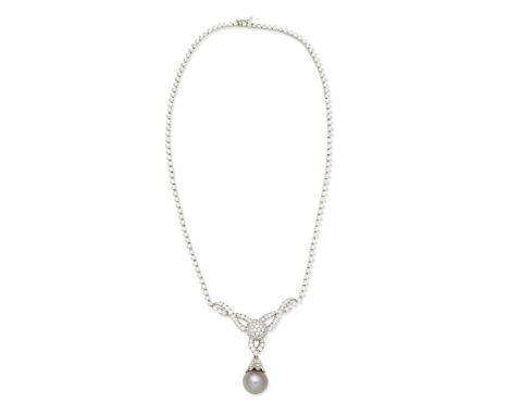 DIAMOND AND CULTURED PEARL NECKLACEThe front of scrolling design, suspending a 13.0mm cultured pearl of grey tint, set throug