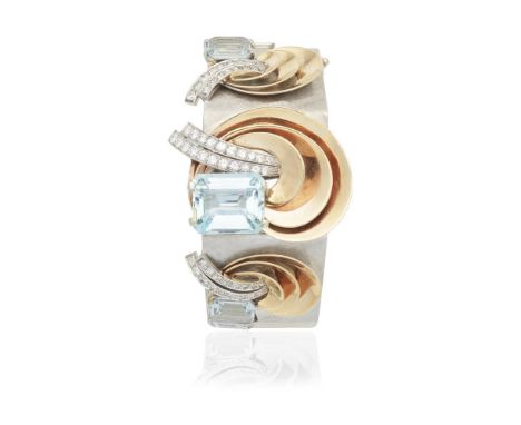 AQUAMARINE AND DIAMOND BANGLE/WATCH, CIRCA 1945The bicoloured hinged bangle of geometric and scrolling design, of  engine-tur