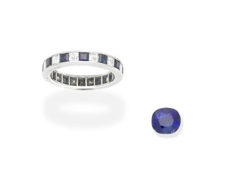 DIAMOND ETERNITY RING AND UNMOUNTED SAPPHIRE1st: Set with alternating step-cut sapphires and diamonds, 2nd: The cushion-shape
