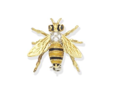 BUCHERER: DIAMOND, SAPPHIRE AND ENAMEL BEE BROOCHDecorated with yellow and black enamel, single-cut diamonds and circular-cut