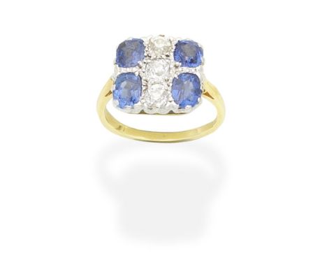 SAPPHIRE AND DIAMOND RINGOf plaque design set with cushion-shaped and oval-cut sapphires and old brilliant-cut diamonds, ring