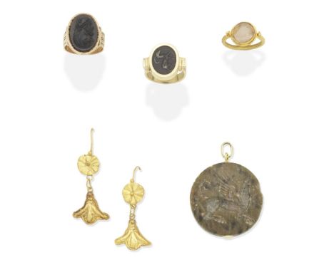 COLLECTION OF JEWELLERY1st: The circular hardstone intaglio pendant depicting a griffin, 2nd: The ring set with a hardstone i